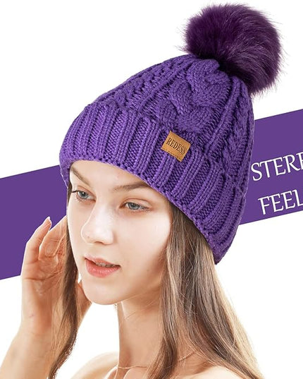 REDESS Women Winter Pompom Beanie Hat with Warm Fleece Lined, Thick Slouchy Snow Knit Skull Ski Cap