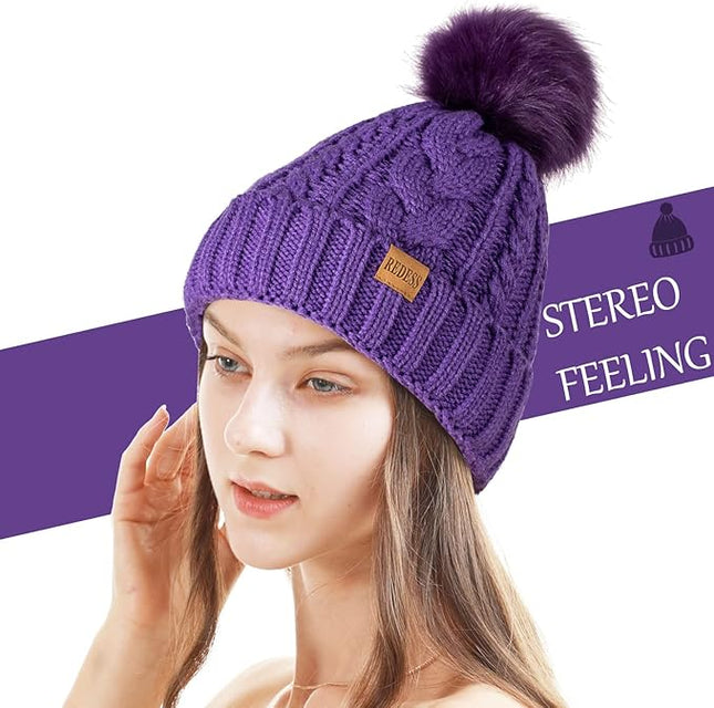 REDESS Women Winter Pompom Beanie Hat with Warm Fleece Lined, Thick Slouchy Snow Knit Skull Ski Cap