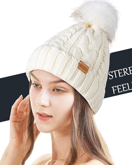 REDESS Women Winter Pompom Beanie Hat with Warm Fleece Lined, Thick Slouchy Snow Knit Skull Ski Cap