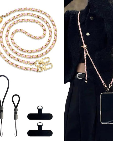 BFSDDM Crossbody Phone Strap, 2 Pads, Leather & Wrist Strap, Adjustable Finger Strap, Universal Phone Lanyard (Pink)