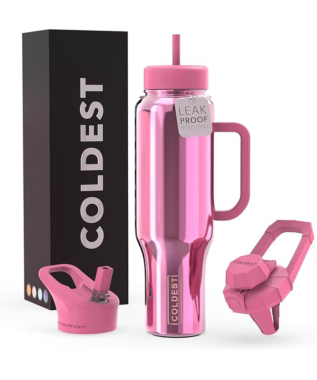 Coldest Tumbler with Handle and Straw - 100% Spill Proof Tumbler with Straw (3 Lids) - Stainless Steel Insulated Leakproof Tumblers for Women & Men - 46 oz (Pink Reflections)
