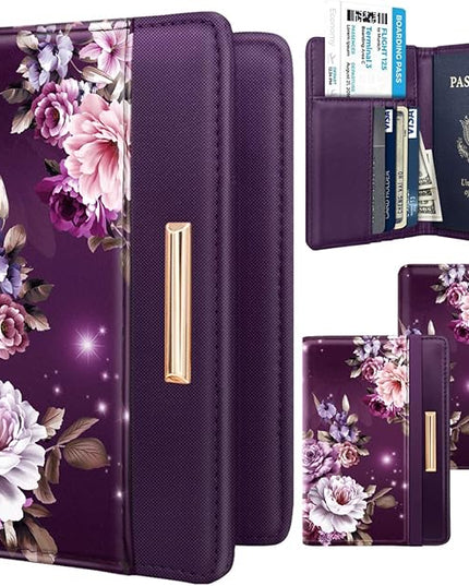 Passport Holder Cover Travel RFID Blocking Passport Cover Rose Gold Cute Flowers Passport Wallet with Elastic Band for Women