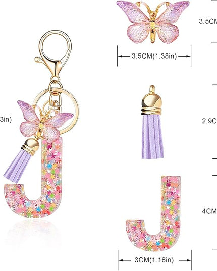 Fashion Alphabet Initial Letter Keychain Tassel Butterfly Pendant Key Ring for Purse Handbags Women Girl