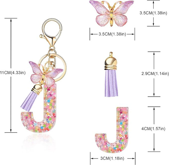 Fashion Alphabet Initial Letter Keychain Tassel Butterfly Pendant Key Ring for Purse Handbags Women Girl