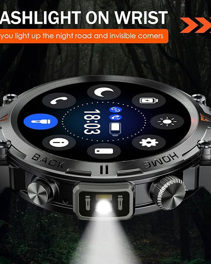 Military Smart Watch for Men with LED Flashlight 1.45” Rugged 3ATM Waterproof Smart Watch with 100+ Sports Modes Fitness Tracker with Heart Rate Sleep Monitor Tactical Smartwatch for iPhone Android