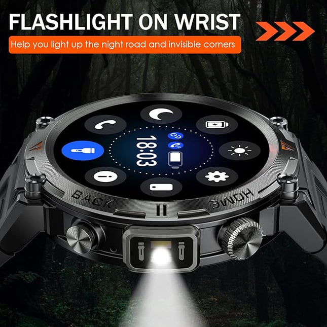 Military Smart Watch for Men with LED Flashlight 1.45” Rugged 3ATM Waterproof Smart Watch with 100+ Sports Modes Fitness Tracker with Heart Rate Sleep Monitor Tactical Smartwatch for iPhone Android