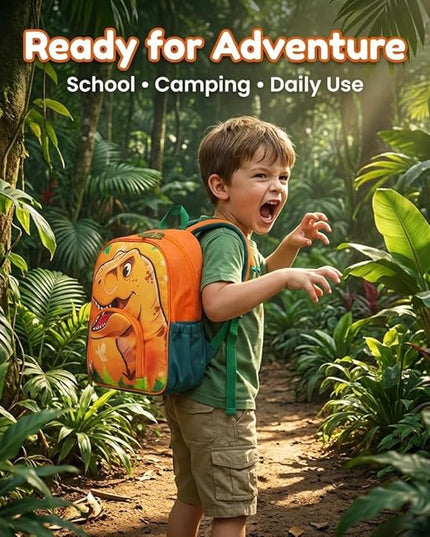 Kids Backpack for Boys and Girls, Kindergarten School Bag with Chest Strap (Orange T-Rex, 14 Inch)