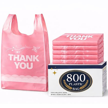 YoYoRain 800 Pack Pink Thank You T-Shirt Bags with Handles, 11"x6"x21" Durable HDPE Plastic Shopping Bags for Grocery, Retail, Takeout & Small Business
