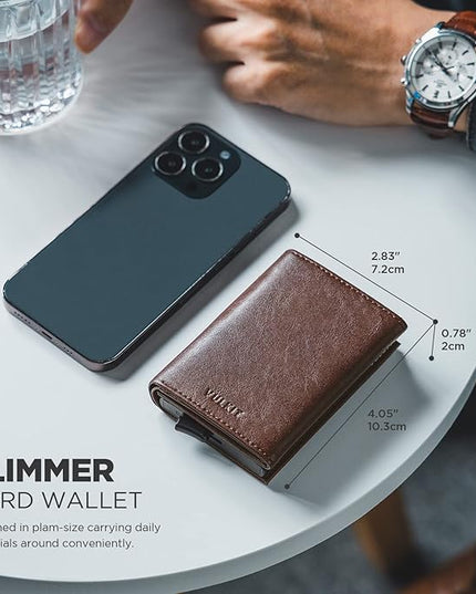 VULKIT Pop up Card Wallet Minimalist Cash Wallets RFID Blocking Leather Smart Credit Card Holder with ID window for Men (Espresso)