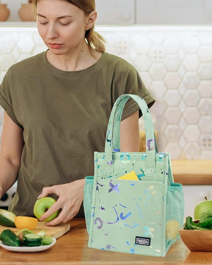 Fmeida Insulated Lunch Bag Women, 6.75L Small Lunch Bags with Multiple Pockets, Reusable Thermal Cooler Tote for Work, Office, Picnic, Travel | Hook and Loop Closure, Colorful Letters