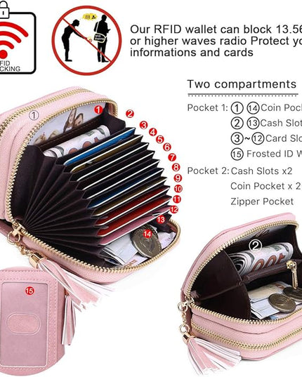 APHISON RFID Credit Card Holder Zipper Card Case Keychain Small Wallet for Women 1942-2 PINK