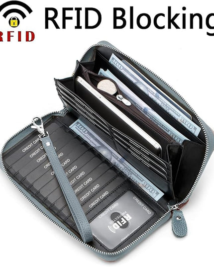 Moflycom Womens Wallet RFID Blocking Genuine Leather Multi Credit Card Large Capacity Zip Around Clutch Travel Purse Wristlet