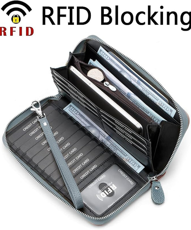Moflycom Womens Wallet RFID Blocking Genuine Leather Multi Credit Card Large Capacity Zip Around Clutch Travel Purse Wristlet