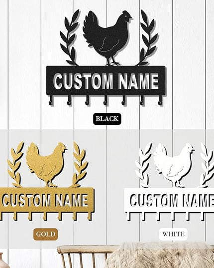 LOWACOS Personalized Key Holder for Wall, Custom Metal Chicken Key Hooks with Name, Meta Jacket Holder Hooks Organizer Rack, Jacket Hanger Decor for Kitchen, Entryway, Hallway, Office, Doorway