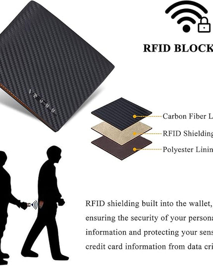 VISOUL Mens Carbon Fiber Leather Bifold Wallet with 2 ID Windows, RFID Blocking Stylish Wallet for Men with 2 Cash Compartments (Black+Yellow)