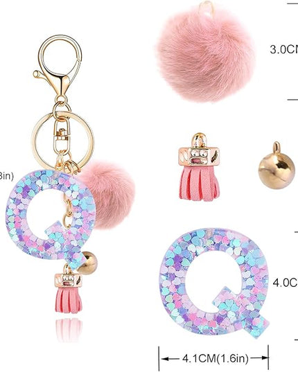Resin Alphabet Initial Letter Keychain Keyring for Women Purse Handbags With Fur Ball Pom