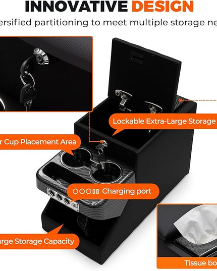 Center Console Between Seat Organizer for Minivans,SUVs,with Dual USB Charging & Phone Holder and Drawers for Minivan&SUVs, Middle Van Floor Console Organizer Storage Box Black with Locking