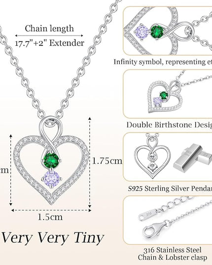 LOUISA SECRET Infinity Double Birthstone Necklace, 925 Sterling Silver Tiny Pendant Heart Necklace for Women Wife Her, Best Jewelry Gift Heart Jewelry Meaningful Gift for Valentine's Day, Christmas, Birthday Anniversary