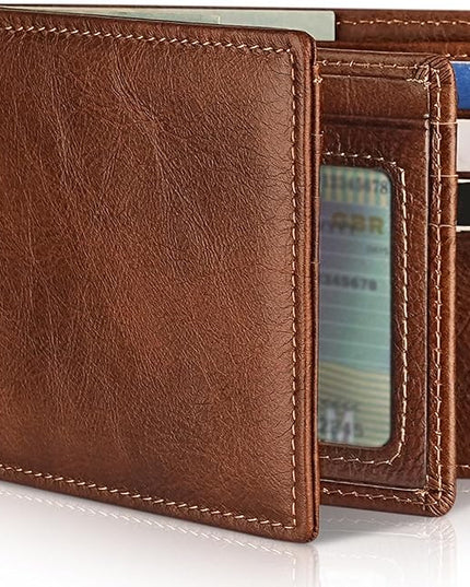Artpaxy Mens Wallet Genuine Leather Bifold RFID Blocking Wallet for Men with 1 ID Window 13 Card Holders 2 cash pockets 1 Gift Box