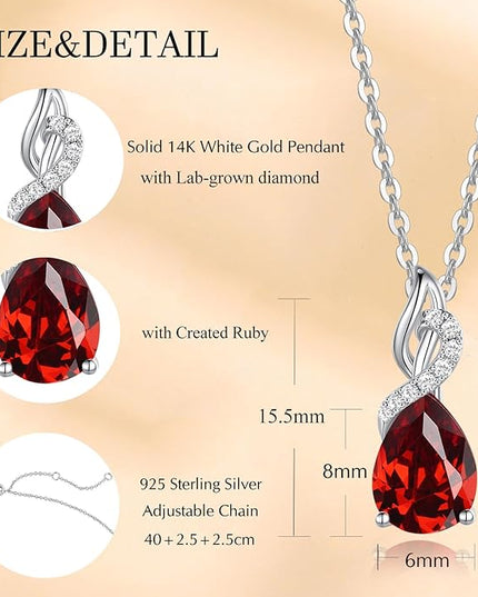 FANCIME 14K Solid White Gold Teardrop Pendant with Diamond Birthstone Necklace