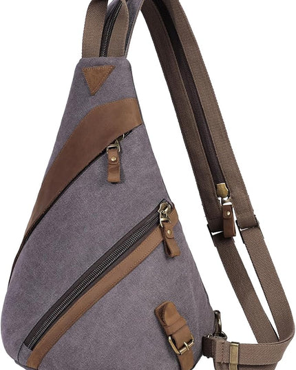 KL928 Canvas Sling Bag for Men Women, Genuine Leather Design Shoulder Crossbody Bags Backpacks Travel Daypack with Earphone Hole Rucksack, Dark Grey