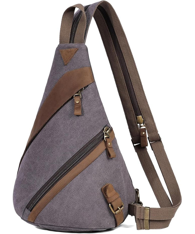KL928 Canvas Sling Bag for Men Women, Genuine Leather Design Shoulder Crossbody Bags Backpacks Travel Daypack with Earphone Hole Rucksack, Dark Grey