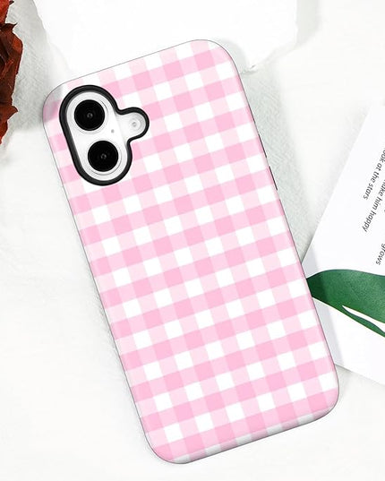 Magnetic for iPhone 17 Case Cute Checkered Stripes Phone Case for Women Girls, Shockproof Slim TPU and Hard PC Protective Phone Cover Compatible with MagSafe Designed, Pink