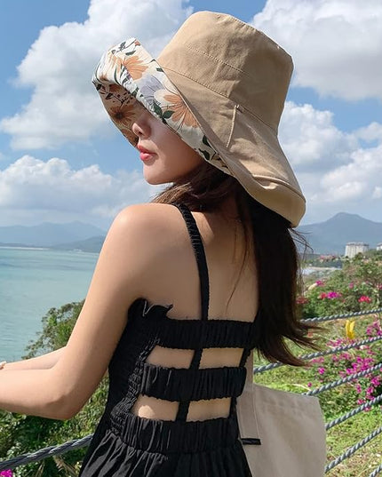 HUAMULAN Women Summer Sun Hat Wide Brim Wired Edge Floral Beach Bucket Hats Reversible Foldable Travel UV Protection Lady Hat