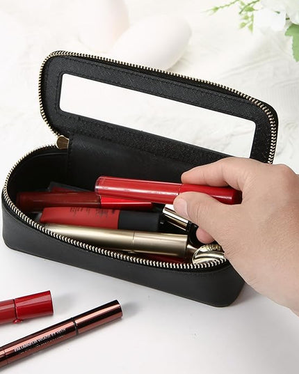 Aveniee Clear Makeup Brush Bag,Slim Cosmetic Brush Holder,Small Toiletry Bag Mini Travel Case for Women,Thin Make up Bags with Dual Zipper,Cute Travel Essentials Organizer,Black