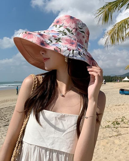 HUAMULAN Women Summer Sun Hat Wide Brim Wired Edge Floral Beach Bucket Hats Reversible Foldable Travel UV Protection Lady Hat