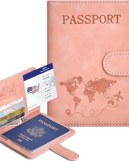 Passport Holder, Passport Cover with Credit Card Slot and Boarding Pass Slot Combo, Passport Wallet Case Book Travel Must Have, RFID Blocking Leather Travel Accessories, Pink