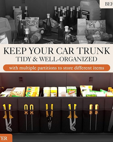 HOTOR Foldable Trunk Organizer - SUV & Sedan Compatible, 3 Compartment, Black, 31.9"×12.6"×10.6" Sturdy Car Organization for Accessories, Tools, Sundries