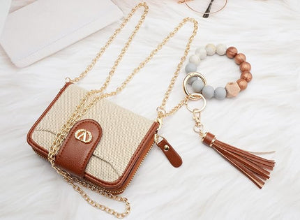 Multi-Purpose Wallet High Capacity Card Holder Zipper Coin Purse with Wristlet Bracelet Keychain Silicone Beaded Bangle Key Ring