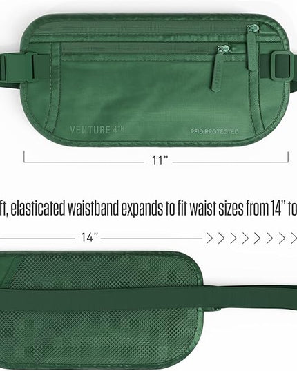 VENTURE 4TH Money Belt for Travel – Hidden Under-Clothes RFID Blocking Passport Holder & Slim Travel Wallet Pouch for Men & Women to Protect Cash, Cards & Documents (Sleek Army Green)