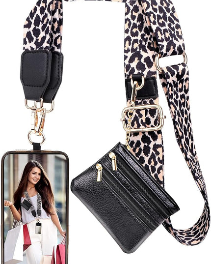 XANGNIER Clip and Go Strap for Phone with Wallet Crossbody,Phone Strap with Zippered Wallet, Adjustable Anti Theft Cellphone Lanyard for Women, Cellphone Chain Accessories,Leopard