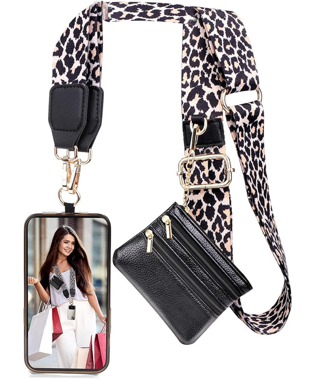 XANGNIER Clip and Go Strap for Phone with Wallet Crossbody,Phone Strap with Zippered Wallet, Adjustable Anti Theft Cellphone Lanyard for Women, Cellphone Chain Accessories,Leopard