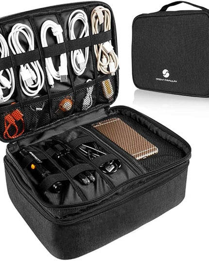 Travel Electronics Organizer, Waterproof Cable Organizer Bag for Electronic Accessories Double Layer Large Shockproof Cable Storage Bag for Cord, Power Bank, Tablet(Up to iPad 11 inch) - Black