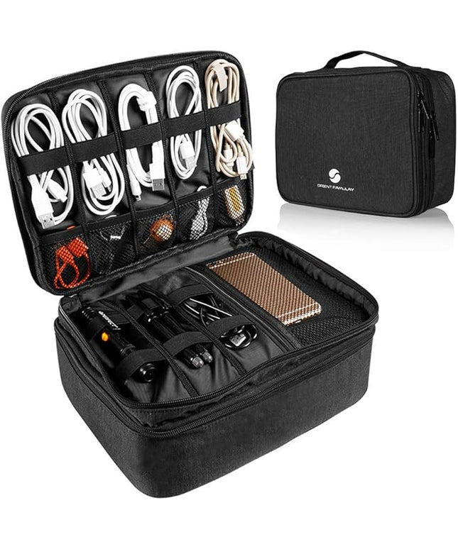 Travel Electronics Organizer, Waterproof Cable Organizer Bag for Electronic Accessories Double Layer Large Shockproof Cable Storage Bag for Cord, Power Bank, Tablet(Up to iPad 11 inch) - Black