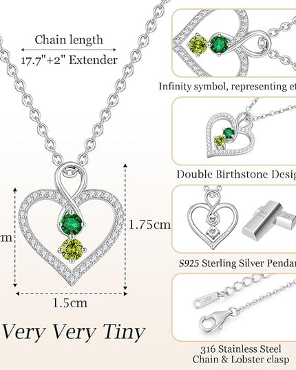 LOUISA SECRET Infinity Double Birthstone Necklace, 925 Sterling Silver Tiny Pendant Heart Necklace for Women Wife Her, Best Jewelry Gift Heart Jewelry Meaningful Gift for Valentine's Day, Christmas, Birthday Anniversary