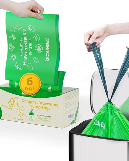 6 Gallon Compostable Trash Bags Drawstring, Heavy Duty Extra Thick 1 Mil, 35 Bags, Tall Kitchen Food Scrap Waste Bag, ASTM D6400