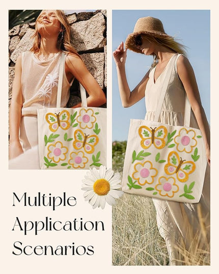 Embroidery Canvas Tote Bag for Women - Reusable Totes with Pocket & Buckle Aesthetic Cute Grocery Shoulder Bag