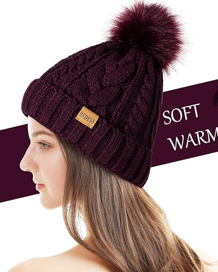 REDESS Women Winter Pompom Beanie Hat with Warm Fleece Lined, Thick Slouchy Snow Knit Skull Ski Cap