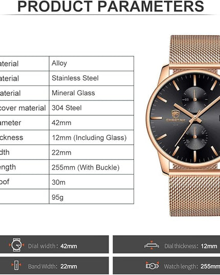 GOLDEN HOUR Mens Watch Fashion Sleek Minimalist Quartz Analog Mesh Stainless Steel Waterproof Chronograph Watches for Men with Auto Date