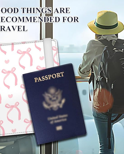 Passport Holder for Travel Essentials, RFID Premium Leather Passport Wallet Cover Case for Travel Must Haves Accessories, Passport Book Holders for Women Men Pink Cute Bowtie