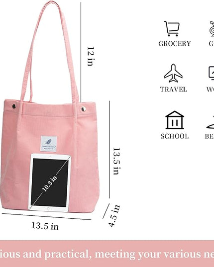 Corduroy Tote Bag Cute Tote Bags for Women Shoulder Bag with Inner Pocket for Work Beach Travel and Shopping Grocery