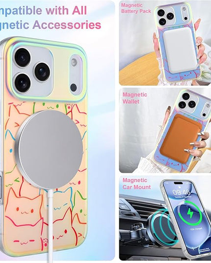 Cute Case for iPhone 17 Pro Case for Women Girls Boys [ Compatible with Magsafe ] Iridescent and Black Cats Cat Pattern Design, Kawaii Colorful Animal Soft Bumper Protective Phone Cover