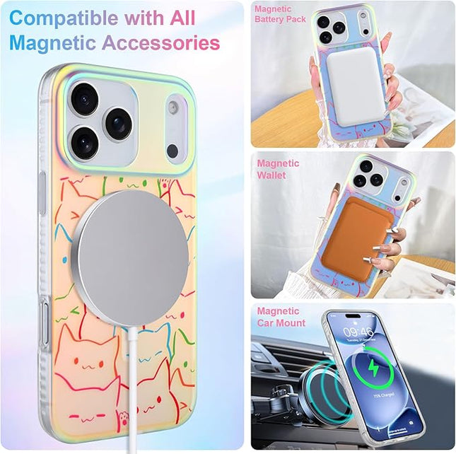 Cute Case for iPhone 17 Pro Case for Women Girls Boys [ Compatible with Magsafe ] Iridescent and Black Cats Cat Pattern Design, Kawaii Colorful Animal Soft Bumper Protective Phone Cover