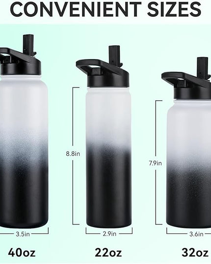 DOMICARE 32 oz Insulated Water Bottle, Vacuum Insulated Stainless Steel Sports Water Bottle with Straw Lid & Spout Lid, Leakproof, Reusable - Travel, Camping, Bike, Black White Gradient