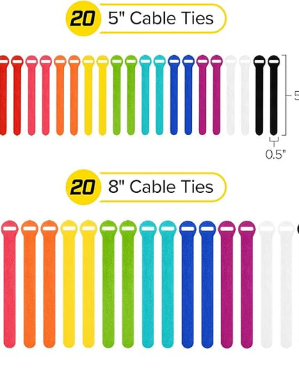 Self-Gripping Cable Ties by Wrap-It Storage, Multi-Color, 40 Pack (5 Inch and 8 Inch Straps) – Reusable Hook and Loop Cord Keeper, Cable Wrappers for Cord Management and Home Office Desk Organization