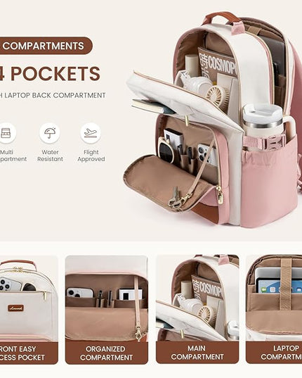 LOVEVOOK Laptop Backpack for Women with Pouch Pocket for Large Capacity Cup,17 Inch Teacher Nurse College Work Backpack Purse,Waterproof Laptop Bag Computer Back Pack for Travel, Beige-Pink-Brown
